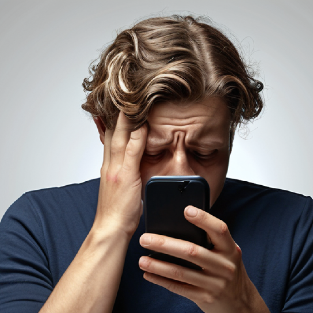 **Stressed person constantly checking phone, feeling overwhelmed by notifications.** (For "Die dunkle Seite der ständigen Erreichbarkeit")