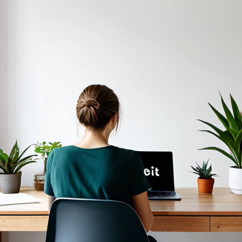 Mindful Workspace**
A bright and airy home office in Germany. A woman is sitting at a clean, wooden desk, working on a laptop. Minimalist design with a few potted plants. A small sign on the desk reads "Offline Zeit." Soft, natural light. Focus on the workspace, showcasing ergonomics and minimal distractions. *Quality modifiers: photorealistic, high resolution, detailed textures.* safe for work, appropriate content, fully clothed, professional.
**