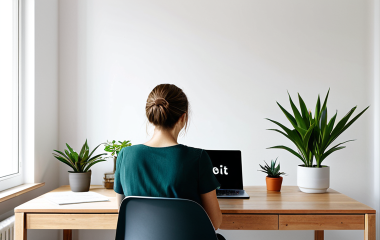 Mindful Workspace**
A bright and airy home office in Germany. A woman is sitting at a clean, wooden desk, working on a laptop. Minimalist design with a few potted plants. A small sign on the desk reads "Offline Zeit." Soft, natural light. Focus on the workspace, showcasing ergonomics and minimal distractions. *Quality modifiers: photorealistic, high resolution, detailed textures.* safe for work, appropriate content, fully clothed, professional.
**