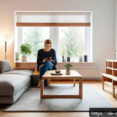 Home 32 스마트폰 사용 줄이기 전략 - A modern German living room scene during evening time, featuring a young adult thoughtfully placing ...