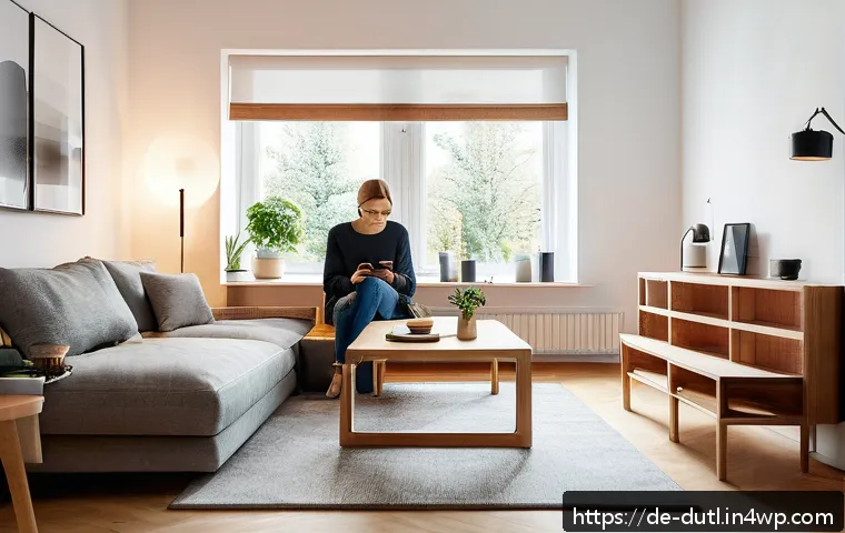 스마트폰 사용 줄이기 전략 - A modern German living room scene during evening time, featuring a young adult thoughtfully placing ...