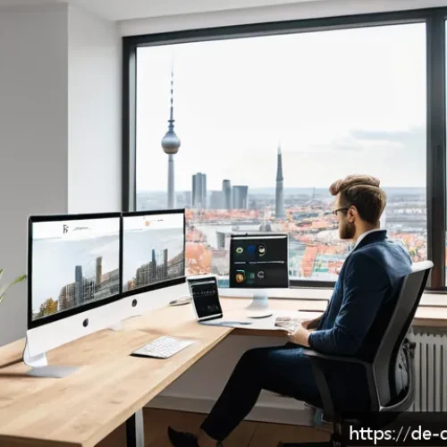 Home 30 디지털 주의력 관리와 정보 습득 방법 - A modern German home office scene featuring a young adult wearing casual business attire, sitting at...
