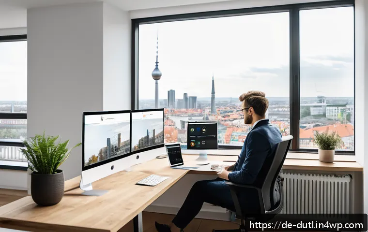 디지털 주의력 관리와 정보 습득 방법 - A modern German home office scene featuring a young adult wearing casual business attire, sitting at...