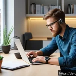 Home 23 디지털 주의력 관리의 실증적 연구 결과 - A modern German home office scene showing a focused young professional working at a tidy desk with a...