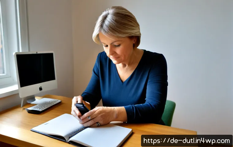 Home 17 디지털 주의력 관리와 정보 소비 습관 - Photorealistic lifestyle scene of a middle-aged German woman at a tidy home office desk in Berlin, p...