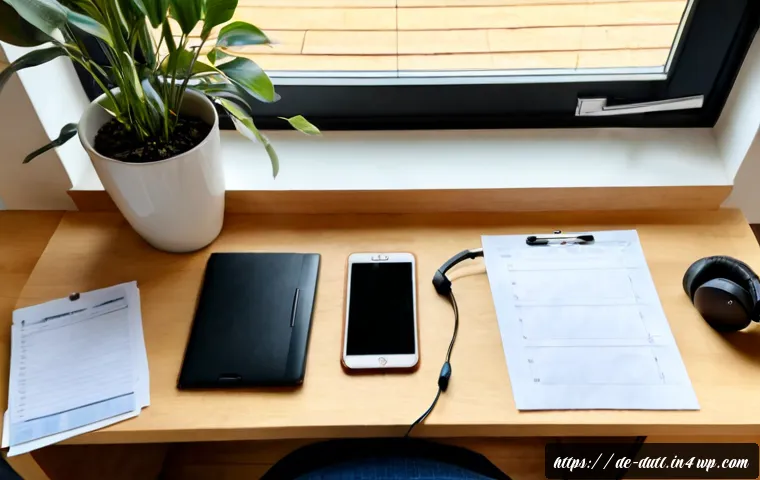 디지털 주의력 관리 체크리스트 - Photorealistic overhead view of a tidy home office in Germany, a middle-aged adult calmly organizing...